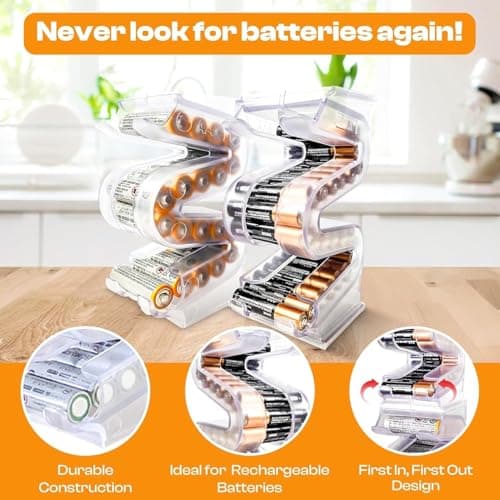 Kalinar Battery Ladder Organizer Case for AA & AAA Batteries - Stackable or Mounted Vertical Storage Battery Dispenser for Home, Garage, & Workshop (2 -Pack, Holds 20 AA & 28 AAA Batteries) — view 2