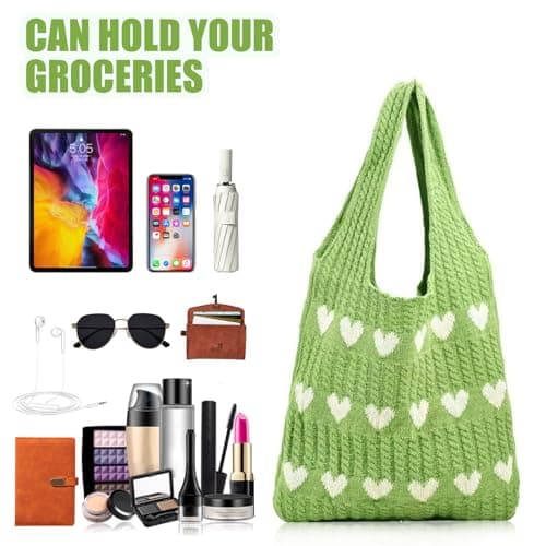 Crochet Tote Bag, Women Knitted Handbags, Mesh Beach Bag, Beach Bag for Women, Retro Crochet Mesh Beach Tote Bag, Boho Shoulder Bag for Holiday Daily Work Shopping Travel(Green+White) — view 6