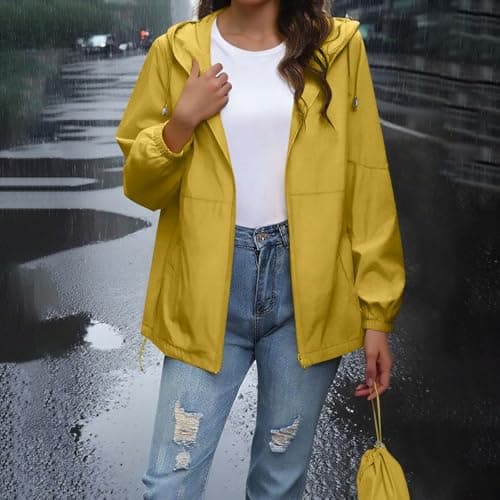 Waterproof Jacket Packable Rain Coats for Women Lightweight Rain Jacket with Hooded Ladies Packable Functional Jackets Windbreaker Breathable Active Outdoor Coats Yellow M — view 3