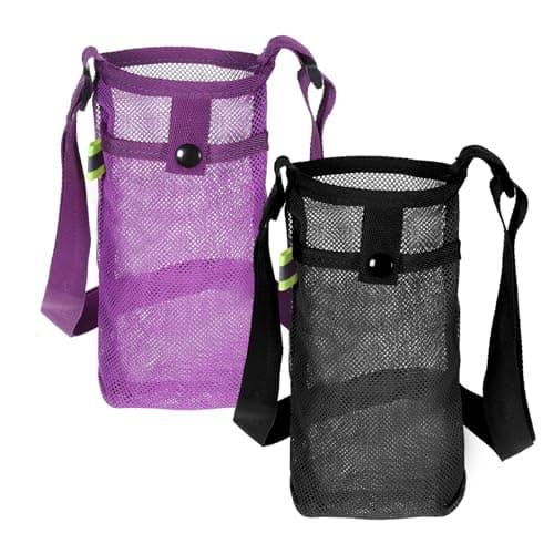 Aeaocvo 2 PCS Mesh Water Bottle Carrier with Shoulder Strap, Water Bottle Holder with Adjustable Strap Bottles Sling Bag for Hiking, Walking, Camping, Travel (Purple, Black)