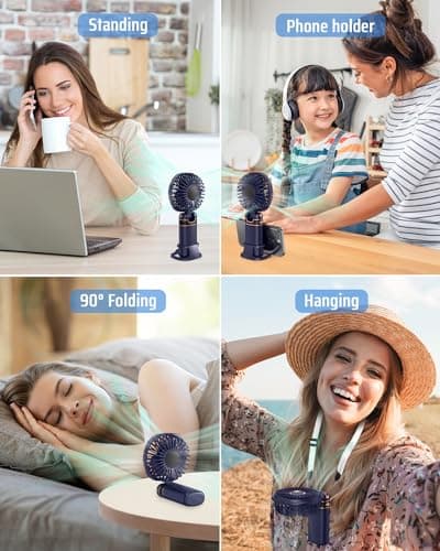 FAPPEN Mini Handheld Fan, Portable USB Hand Held Fan, Rechargeable 5 Speeds Folding Hand Fans with Base and Lanyard for Home Office Bedroom Outdoor Travel(Deep Blue) — view 5