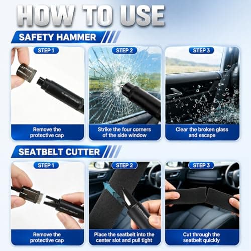 Soodyoow 3 Pack Car Safety Hammer, 2 in 1 Escape Tool with Seat Belt Cutter & Window Breaker, Portable Glass Breaker for Windscreen, Essential Auto Safety Kit for Car, Bus, Truck (Black/Red/Gray) — view 6