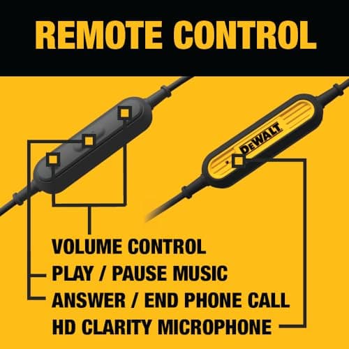 DEWALT Heavy Duty Wired Earphones with Microphone, Jobsite Earbuds Wired 3.5mm, Water-Resistant 3.5mm Earbuds with Mic, Connected Headphones for Outdoor Work — view 3
