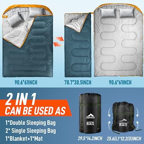 Double Sleeping Bag for Adults Mens with Pillow, XL Queen Size Two Person Sleeping Bag for All Season Camping Hiking Backpacking 2 Person Sleeping Bags for Cold Weather & Warm (Navy Blue & Turmeric) — view 6