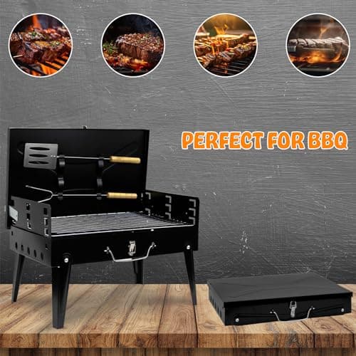 Crystals Portable Charcoal BBQ Grill, Foldable Stainless Steel Camping Barbecue with Tool Set, Small Travel Mini BBQ for Garden, Picnic & Outdoor Cooking, Black — view 6