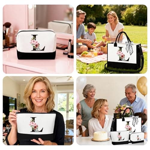 Birthday Gifts for Women - Initial Canvas Tote Bag & Makeup Bag, Personalized Gifts for Women,Personalized Present Bag,Custom Bags for Beach,Wedding,Birthday Gift for Mom Sister Friends (L) — view 2