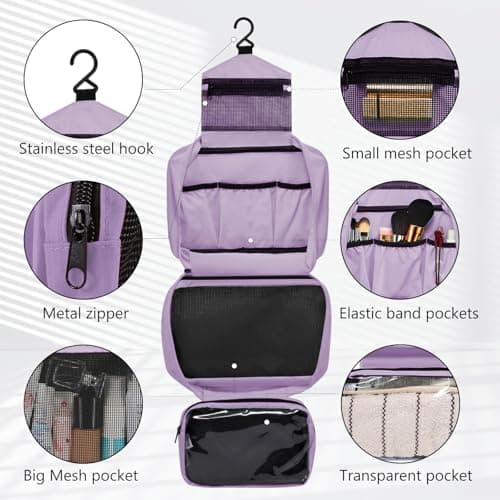 Homchen Hanging Travel Toiletry Bag, Waterproof Folding Portable Cosmetic Wash Bag for Men and Women (M, Light Purple) — view 4