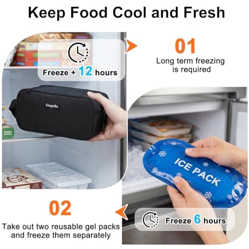 Saugnlbs Small Cool Bag,Mini Cool Bag with Ice Packs,Small Insulated Lunch Bag with Handle Buckle,Freezable Lunch Bag for Travel/Work/School/Outdoors, 10“ x 4.5”x 5”,Black — view 4