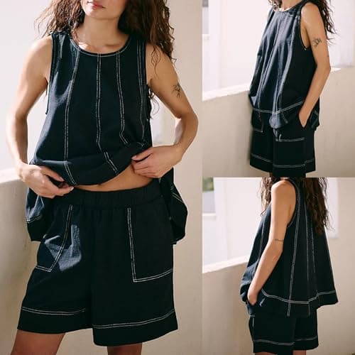 Omoone Womens 2 Piece Shorts Set Summer Casual Lounge Outfits with Pockets — view 2