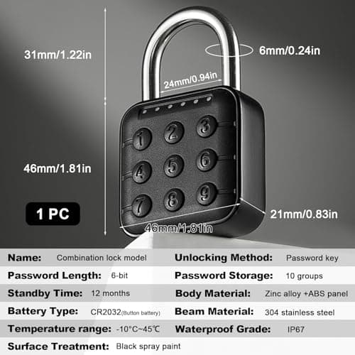 6 Digit Combination Padlock Gym Locker Lock Black IP55 Waterproof — view 2
