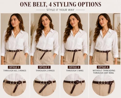 es-uk Women's Skinny Waist Belt, Thin Leather Dress Belt with Gold Triple Ring Buckle, Adjustable Fashion Belt for Dresses, Jeans, Trousers, Blazer & Coat (2601 - Chocolate Brown) — view 6