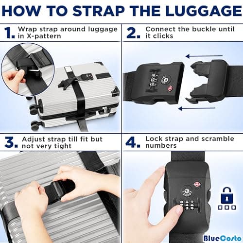 BlueCosto - Luggage Strap with TSA Lock - 2.2 to 4m Adjustable, Jet Black - TSA Approved Suitcase Security Belt with 3 Digit Combination Locking - 5cm Wide Heavy Duty Baggage Strap for Secure Travel — view 5