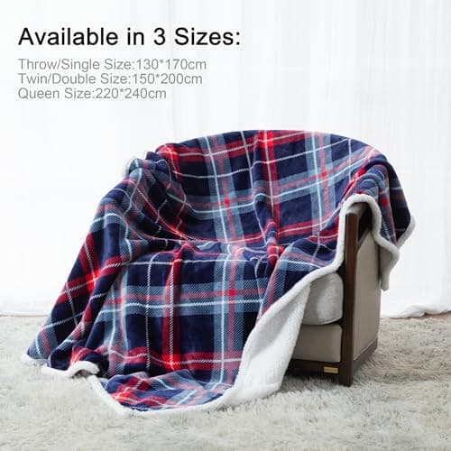 Winthome Double-Layered Sherpa Fleece Throw Blanket - Ultra Soft, Breathable & Warm Thick Blanket, Eco-Friendly Microfiber Blankets for Bed,Sofa Machine Washable Throw/Single Size Blue Check 130*170cm — view 4