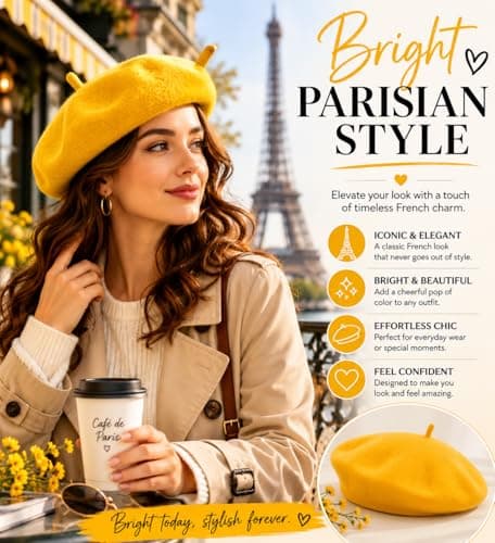 ITRAT Women's Beret Hat – Classic French Style Beret for Women, Soft Warm Wool Blend Ladies Fashion Hat, Elegant Parisian Winter Autumn Cap for Casual, Travel & Everyday Wear (Yellow) — view 2