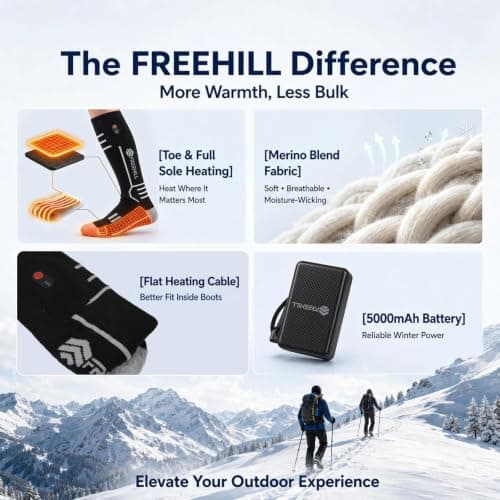 FREEHILL Merino Wool Rechargeable Heated Socks, Full Sole Heating, Black XL — view 2