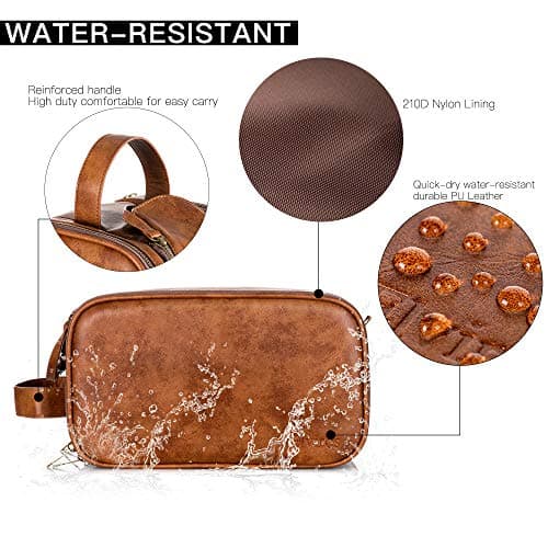 Elviros PU Leather Toiletry Bag for Men Water-Resistant, Brown-Large — view 3