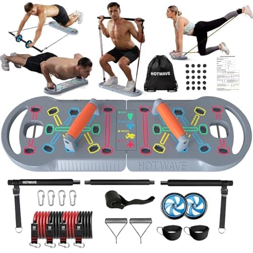 HOTWAVE Portable Exercise Equipment with 16 Gym Accessories.20 in 1 Push Up Board Fitness,Resistance Bands with Ab Roller Wheel,Full Body Workout at Home,Patent Pending