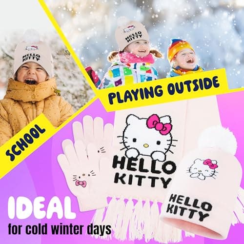 Hello Kitty Girls Scarf Beanie and Gloves Set 3 Piece Kawaii Cosy Warm Winter Accessories Anime Soft Knit for School Travel Days Out (Pink Hello Kitty, 4-12 Years) — view 4