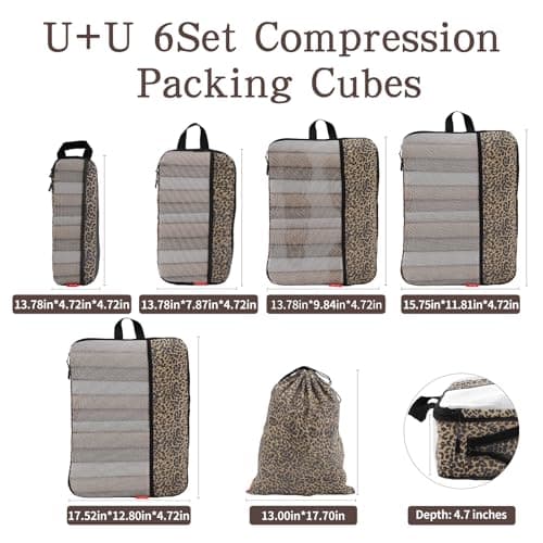 U+U Compression Packing Cubes, Travel Organizers for Suitcases, Leopard, 6 Set, 6 Set — view 5