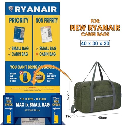 for Ryanair Airlines Underseat Cabin Bag 40X20X25 Foldable Travel Duffel Bag Holdall Tote Carry on Luggage Overnight for Women and Men 20L (Army Green (with Shoulder Strap)) — view 2