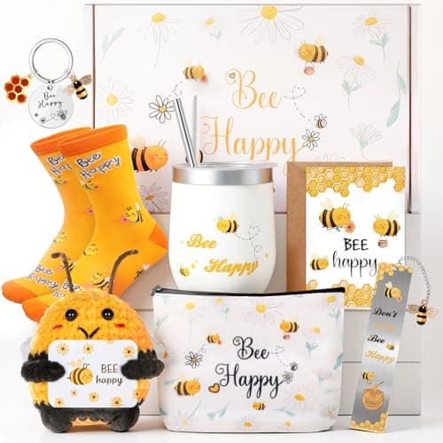 Bee Themed Gifts Set for Women - Funny Honeybee Gift Box Include 12 oz Bee Stainless Steel Tumbler with Straw & Brush Bee Cosmetic Bag Keychain Bookmark for Birthday Gifts