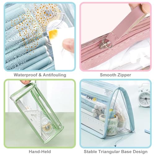 hoinya Clear Pencil Case, See Through Pencil Case for Exams, Waterproof PVC Zip Pencil Pouch with Large Capacity | Versatile Storage for Stationery, Toiletries, Makeup, Travel & Office Supplies — view 4