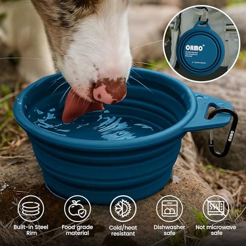 OHMO Collapsible Dog Bowl with Steel Ring, 400ml, 2pcs, Dark&Light Blue — view 6