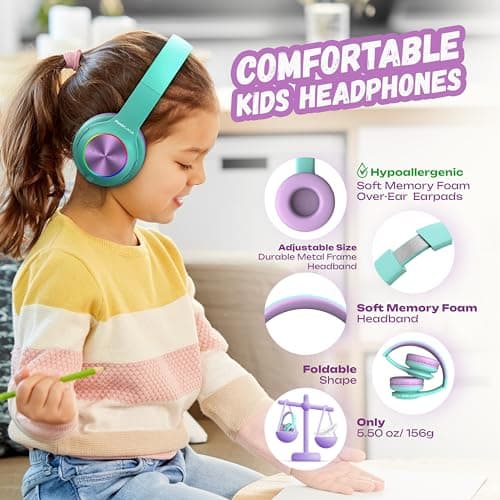 PowerLocus Kids Headphones, Bluetooth Headphones Over Ear for Kids, LED Lights, 74/85/94dB Safe Volume Limit Headphone, Micro SD/TF, Foldable with Hi-Fi Stereo, Built-in Mic for School/Tablet/Travel — view 4