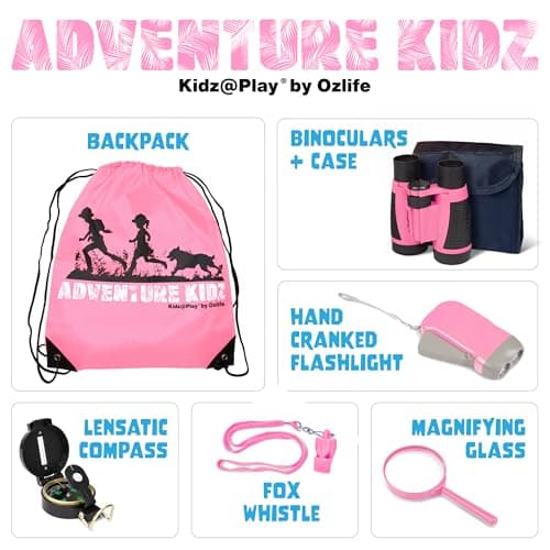 Adventure Kidz Outdoor Exploration Kit, Children’s Binoculars, Flashlight, Compass, Fox Whistle, Magnifying Glass, Backpack. Great Gift Set for Educational, Pretend Play, Ages 3+ Boys Girls (Pink) — view 2
