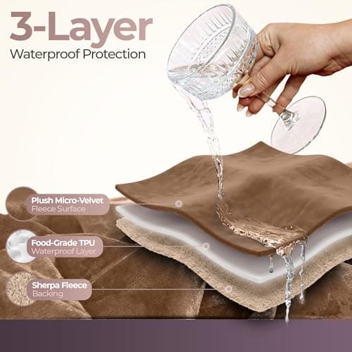 Sacred Weapon Waterproof Blanket for Bed – Mini Sherpa & Fleece Throw – Waterproof Blanket for Couch Cover & Mattress Protector, Absorbent, Washable, Spill Proof – Travel Blankets (Beige, 80"x50") — view 3