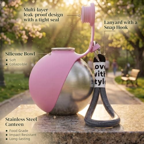 Portable Dog Water Bottle, 2-in-1 Stainless Steel Dog Water Bottle with Foldable Silicone Bowl, Leak Proof Pet Water Dispenser for Walking, Hiking, Travel & Small Dogs, 285ml, Pink — view 3