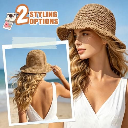 AYPOW Womens Sun Straw Hat Foldable Bucket Hats Summer UV Protection Beach Hat Comfortable Ladies Breathable Sun Visor for Outdoor Travel Camping Khaki — view 5