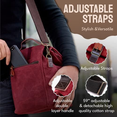 ASEBBO Insulated Lunch Bag for Men, Women - 10L Waxed Canvas Cool Bag with Genuine Leather Handle and Strong Buckle Closure, Reusable Lunch Cooler Bag for Adults Work School Picnic Food (Cherry Red) — view 4