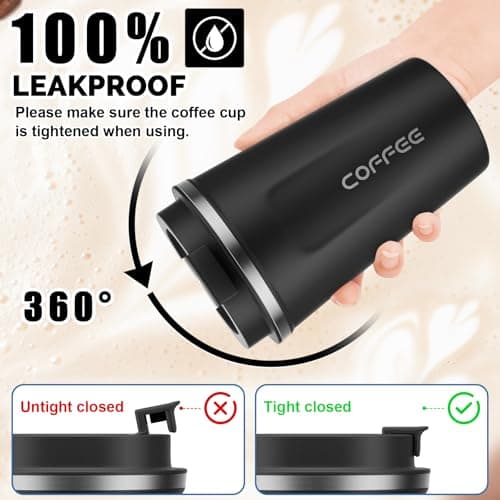 MOMSIV Black Coffee Cup, Vacuum Reusable Leakproof Double Wall Coffee Cup, Insulation Stainless Steel Eco-Friendly Travel Office Mug for Hot Coffee Tea and Cold Drinks, 13oz/380ml — view 5