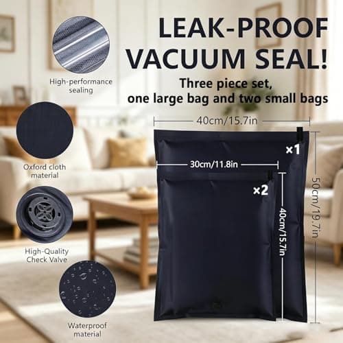 3 Pack in Black Vacuum Bags for Travel, Space Saving Storage Bags for Clothes, Compact Vacuum Pack Bags for Travel, Ideal for Luggage Organisation and Closet Storage, With 30x40cm and 40x50cm Size — view 2