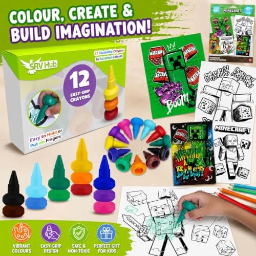 SRV Hub Minecraft Toddler Art Set – 12 Stackable Easy Grip Crayons + 2 Colouring Books (A4 & A5) with 16 Pages | Back To School Washable Crayons & Pencils | Creative Gift for Kids Boys Girls — view 2