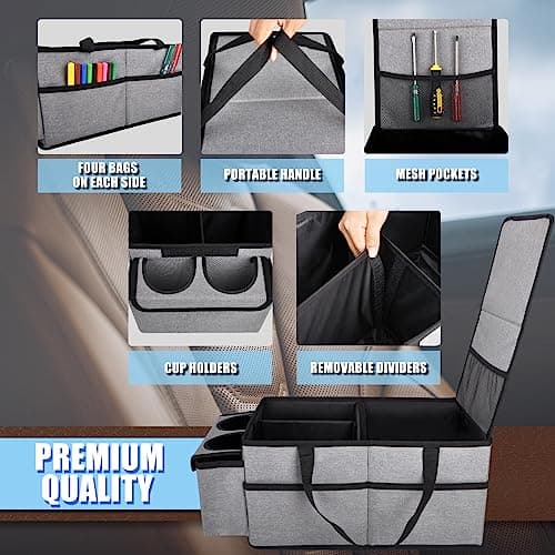 GUWINA Car Backseat Organiser, Multi Compartment Foldable Seat Organiser for Car Boot Front and Back Seats, with Lids and Straps Best for Clothes, Toys, Office Products (Grey) — view 3