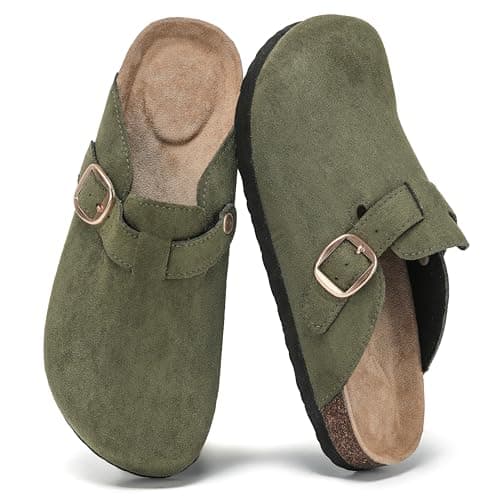Polar Women’s Slip-On Clogs with Cork Footbed, Faux Suede Upper and Adjustable Strap, Comfortable Indoor Outdoor Casual Shoes - Olive 6 UK
