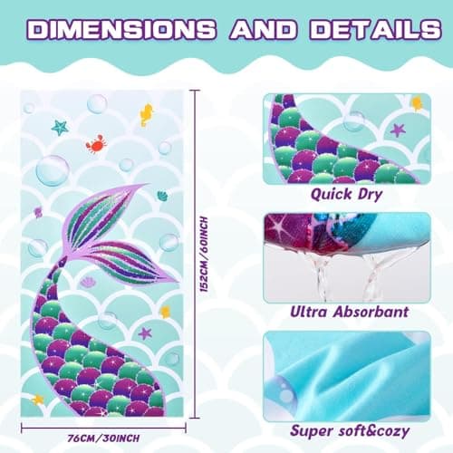 WERNNSAI Mermaid Microfibre Beach Towel for Kids, 76 x 150cm Bath Towel — view 4