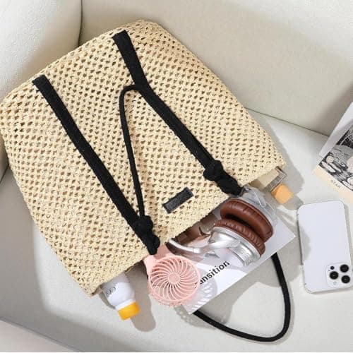 ALANTOP Straw Beach Bag for Women, Large Crochet Woven Tote with Zipper, Lightweight Summer Shoulder Handbag for Vacation, Travel, Pool, and Daily Use (Beige) — view 3