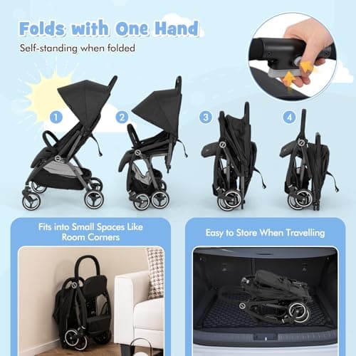 COSTWAY Baby Pushchair, One Hand Foldable Toddler Stroller with Adjustable Backrest & Canopy, 5-Point Harness, Storage Basket, Lightweight Travel Pram for Infants 0-36 Months (Black) — view 4