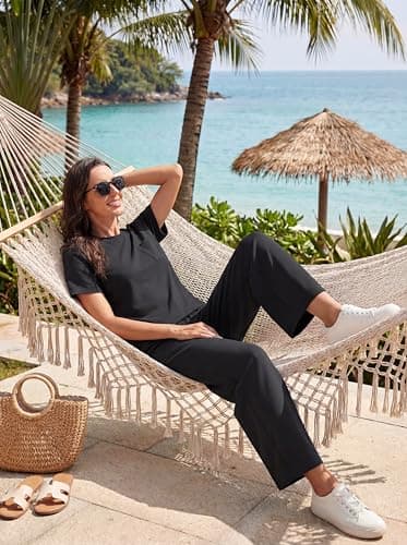 GRECERELLE Airport Two Piece Travel Outfits Set for Women Summer Short Sleeve Casual Crew Neck Tracksuit Womens Full Set Cap Sleeve Tops and Jogging Bottoms with Pockets (Black, XXL) — view 3