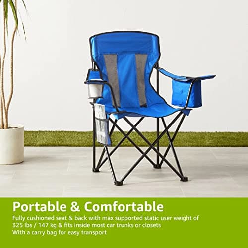 Amazon Basics Comfortable, Heavy Duty, Portable Camping Chair with 4-Can Cooler, Side Pocket, Cup Holder, and Carry Bag, Collapsible for Camping, Fishing, Beach, and Backpacking, Large, Mesh, Blue — view 5