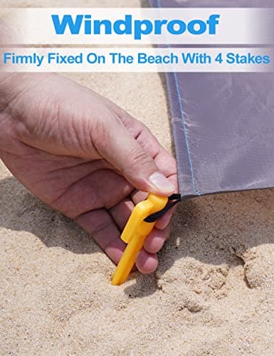 Henrycares Beach Blanket Picnic Blanket, Extra Large 250 x 200cm Sandproof Waterproof Beach Mat with 4 Stakes for 5-8 Adults, Summer Essentials Outdoor Blanket for Travel Camping Hiking Picnic (Blue) — view 5