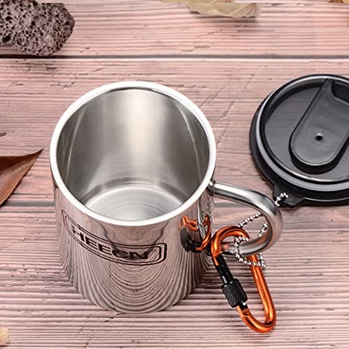 HEECN Camping Mugs - Double Walled Stainless Steel Mug for Hot Drinks with Lid and Carabiner - Backpacking - Trekking - Hiking - HESS038BBK330 — view 3