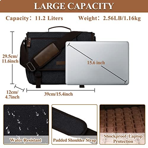 VASCHY Messenger Bag, Waxed Canvas Man Bag 15.6 inch Laptop Shoulder Bag for Men Women Water Resistant Briefcase Satchel with Shoulder Strap and Luggage Sleeve for Work,School,Business Trip (Grey) — view 3