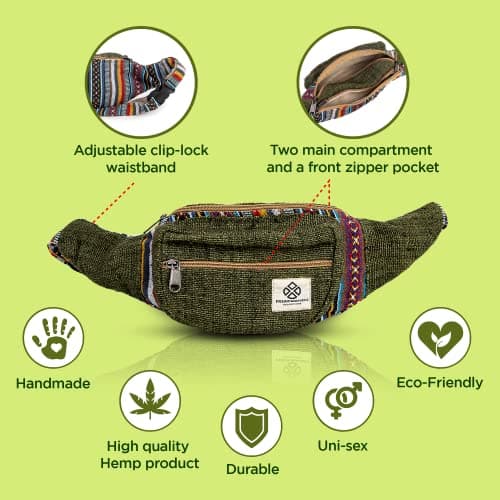 Freakmandu Unisex Hemp Fanny Pack - Hip Waist Belt Bag Crossbody Boho Hippie Style Handmade Waist Packs for Men Women, Safari — view 2