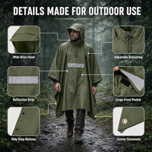 NWDEY Waterproof Poncho for Adults – Reusable Lightweight Rain Poncho with Reflective Strips & Front Pocket, Outdoor Raincoat for Camping, Hiking & Travelling (Green) — view 5