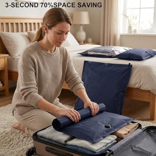 Small Vacuum Storage Bags for Travel 2 Pack,Reusable Compression Storage Space Saver Suitcase Backpack Organizer, No Need for Air Pump, Manual Exhaust, Saving Luggage Space Storage Bags with Zips — view 6