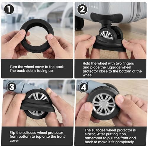 8 Pcs Luggage Wheel Covers with 2 Securing Straps, Silicone Suitcase Wheel Protectors for 2-2.4 Inch Spinner Wheels, Noise Reducing Anti Scratch Anti Slip Covers for Carry-On Travel Luggage, Black — view 4